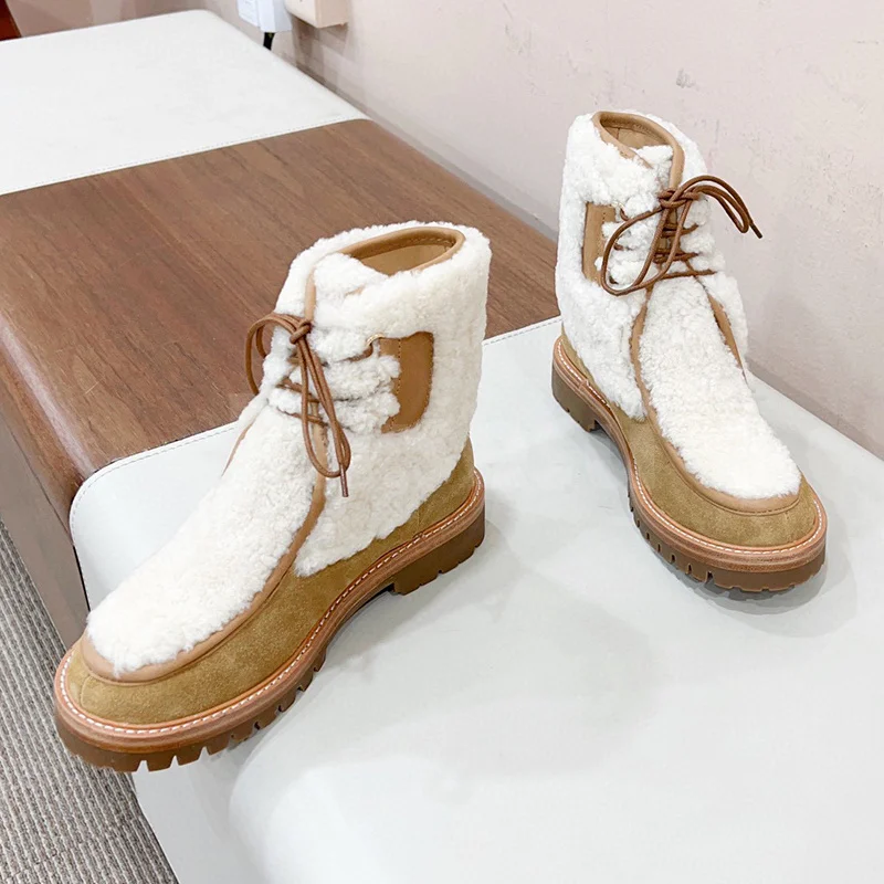 

Women Ankle Boots Winter New Cow Suede Splicing Wool Upper Platform Design Mid Heel Short Boots Comfortable Warmth Female Shoes