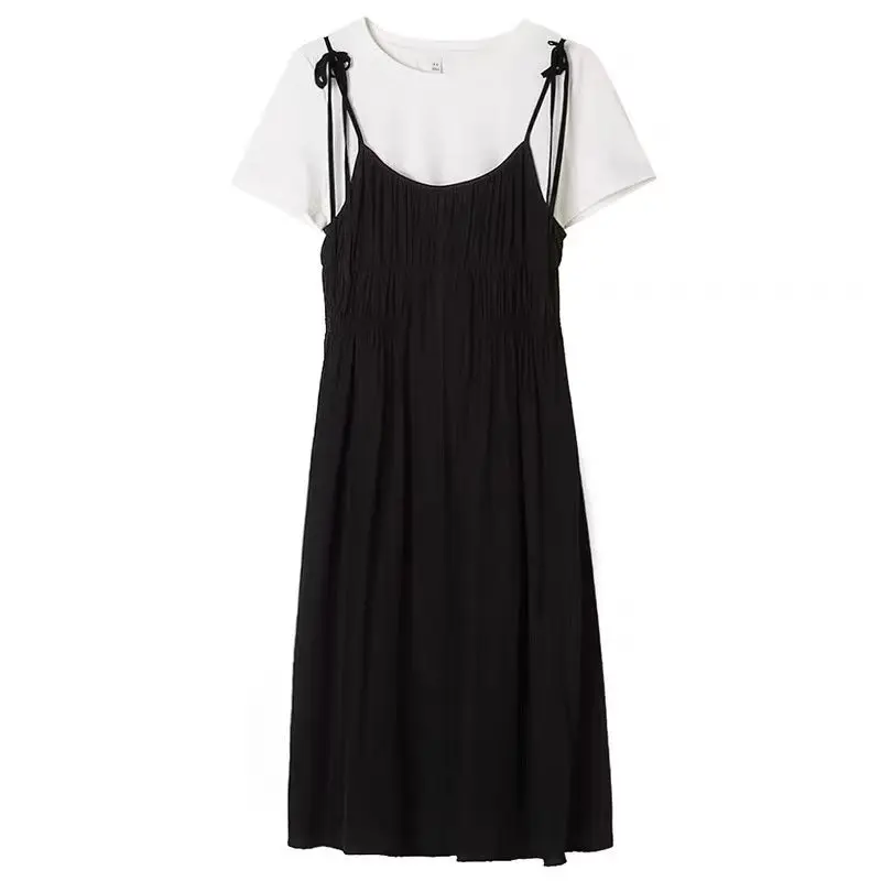 

Summer New Women's Sling Dress Loose Commuter Casual High Waist T-shirt Set of Two A-line Skirts