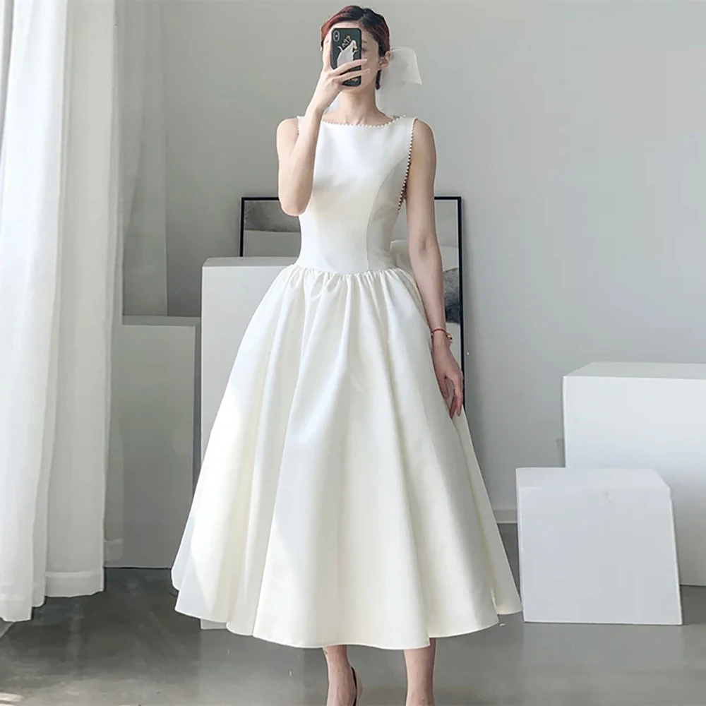 

White Satin Evening Dress for Women Engagement Wedding Party Luxury Pearl Beading Sleeveless Dresses Backless Big Bow Gown
