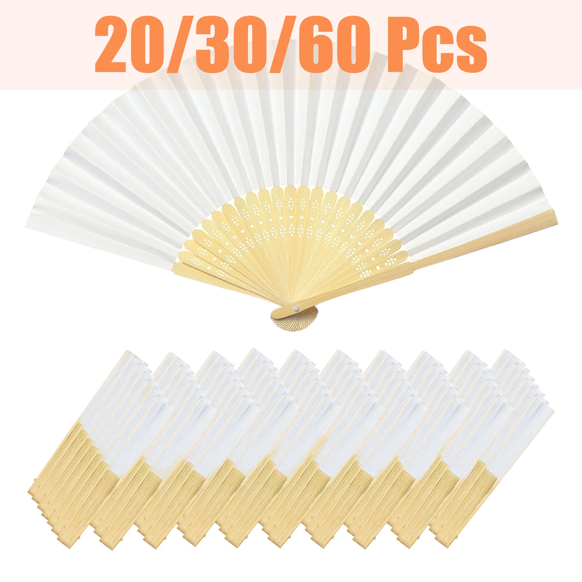 30/60/100Pcs White Handheld Fans Paper Folded Fan Bamboo Folding Fans