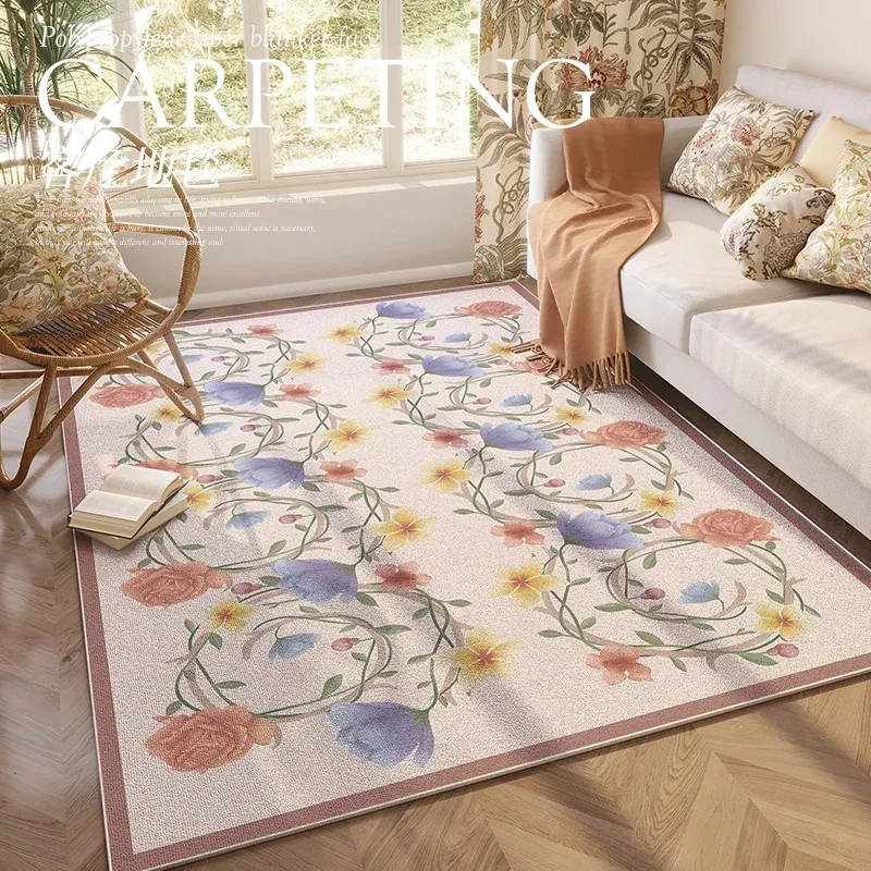 Floral Living Room Carpet Pastoral Style Light Luxury Large Area Girl Bedroom Rug Retro Decor Coffee Table Floor Mat Tapete 양탄자