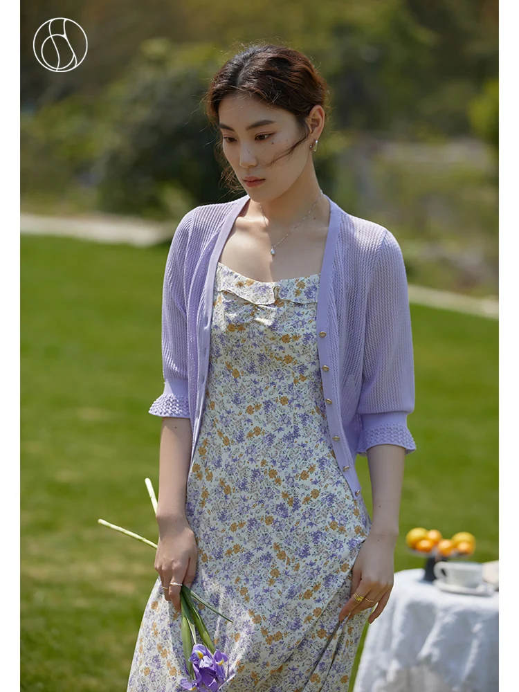 

DUSHU Summer French Cutout Single-Breasted Knitted Cardigan Waist Hem Design Half Sleeves Thin Short Shirts Women Summer Tops