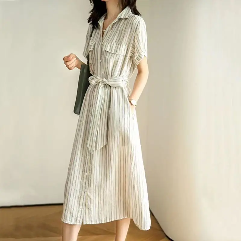 

High end cotton linen shirt dress, gentle and light mature style stripe, light luxury and waistband style dress, women's summer