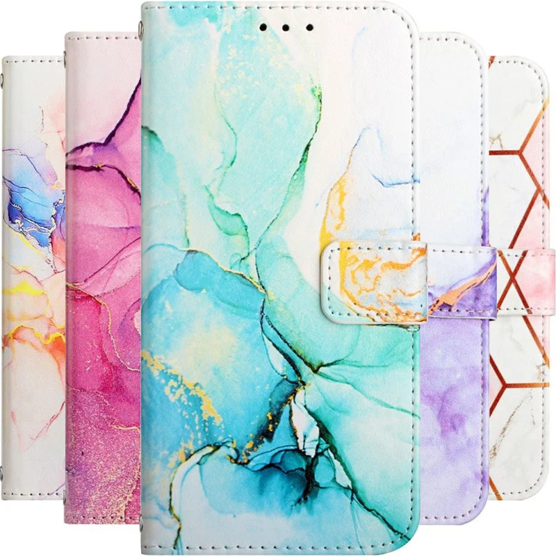 Flip Case For Fundas Samsung Galaxy A04E A12 A13 A14 A22 A24 A32 A33 A34 A52 A52S A53 A54 A73 5G Marble Color Wallet Cover D03G