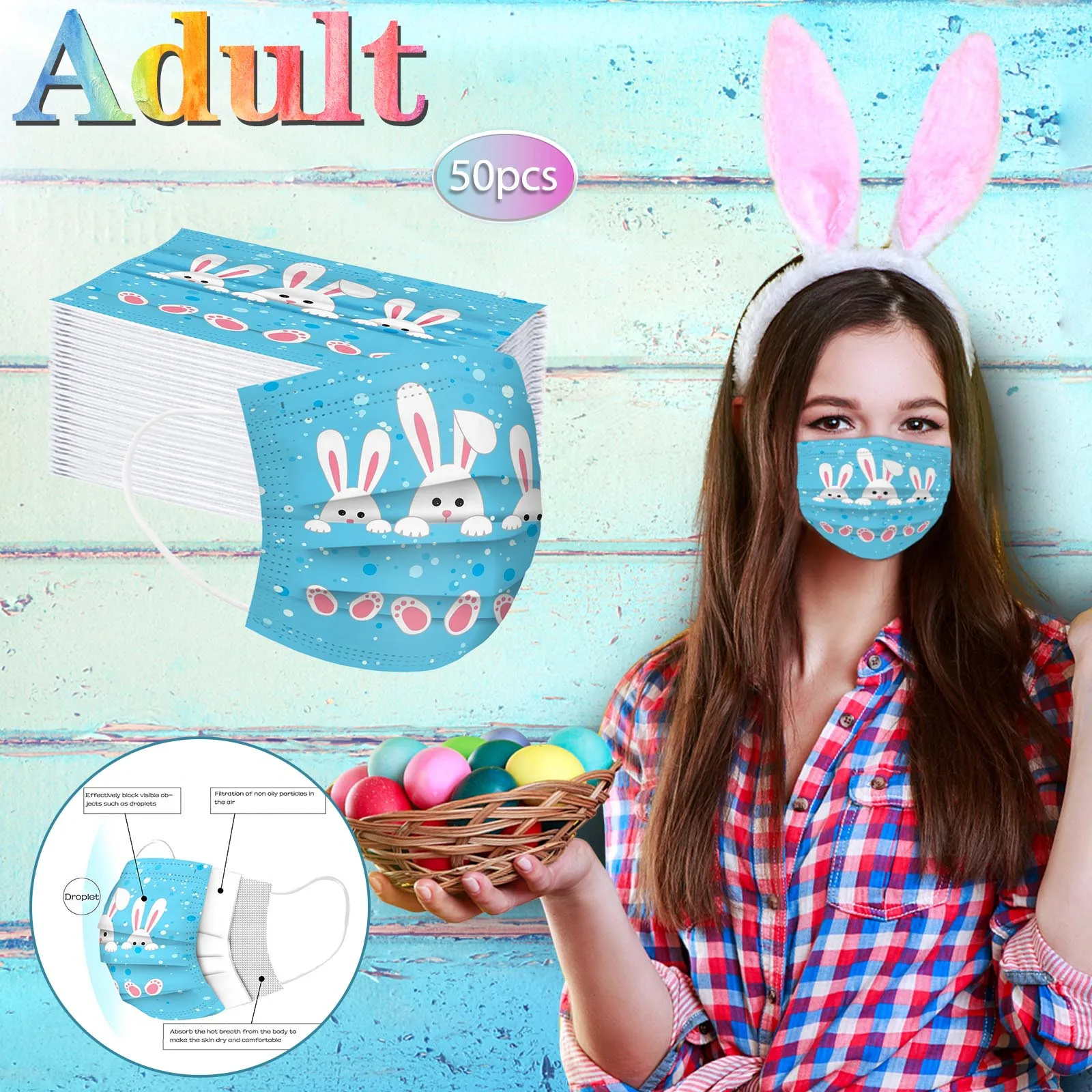 10pcs Bunny Eggs Adult Disposable Face Mask Printed 3ply Dustproof Mascaras Masque Disposible Enfant Breathable Mascarilla 2