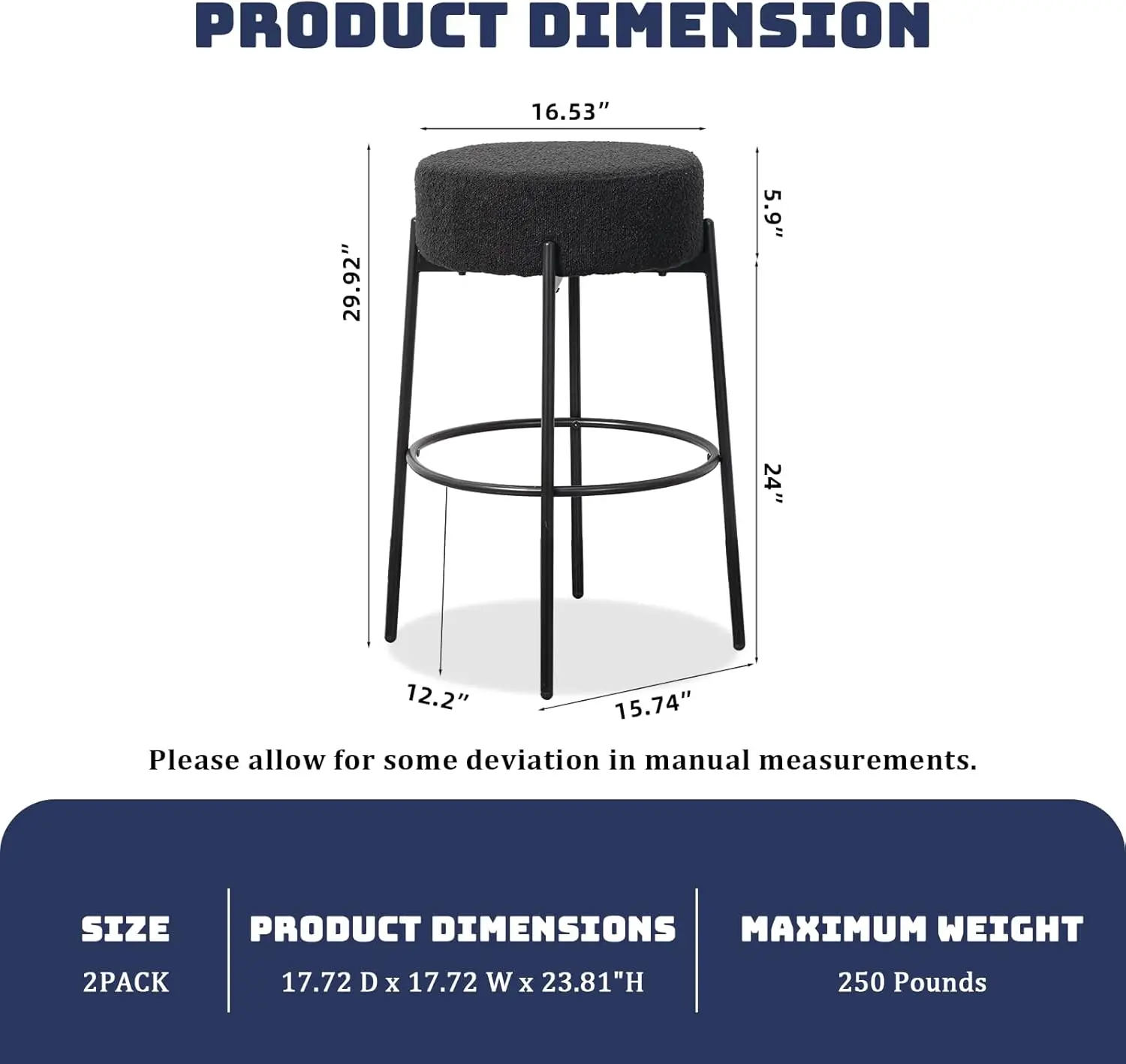 Modern Bar Stools Set of 2, 30" Sherpa Counter Height Stools with Round Soft Padded Boucle Backless Seat