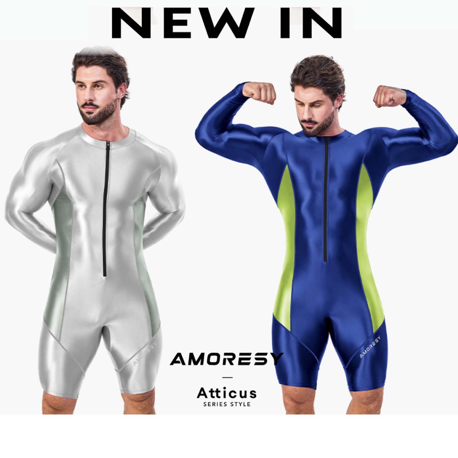 AMORESY Atticus Series Front Zipper Long-sleeved Spandex Sports Tight Color-blocked Five-quarter Pants Jumpsuit Fitness Swimwear