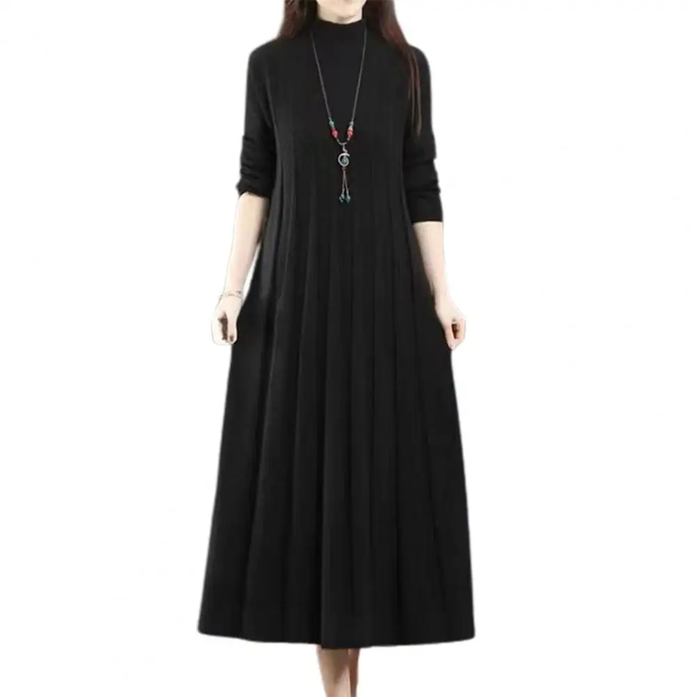 

Elegant Pleated Dress Cozy Knitted A-line Midi Dress with High Collar Warm Long Sleeves Pleated Hem for Women Fall Winter Loose