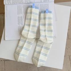 Women's Fashion Striped Mixed - Color Casual Cotton Long Socks - Korean Style, Breathable & Trendy - One Size (White Blue Striped)