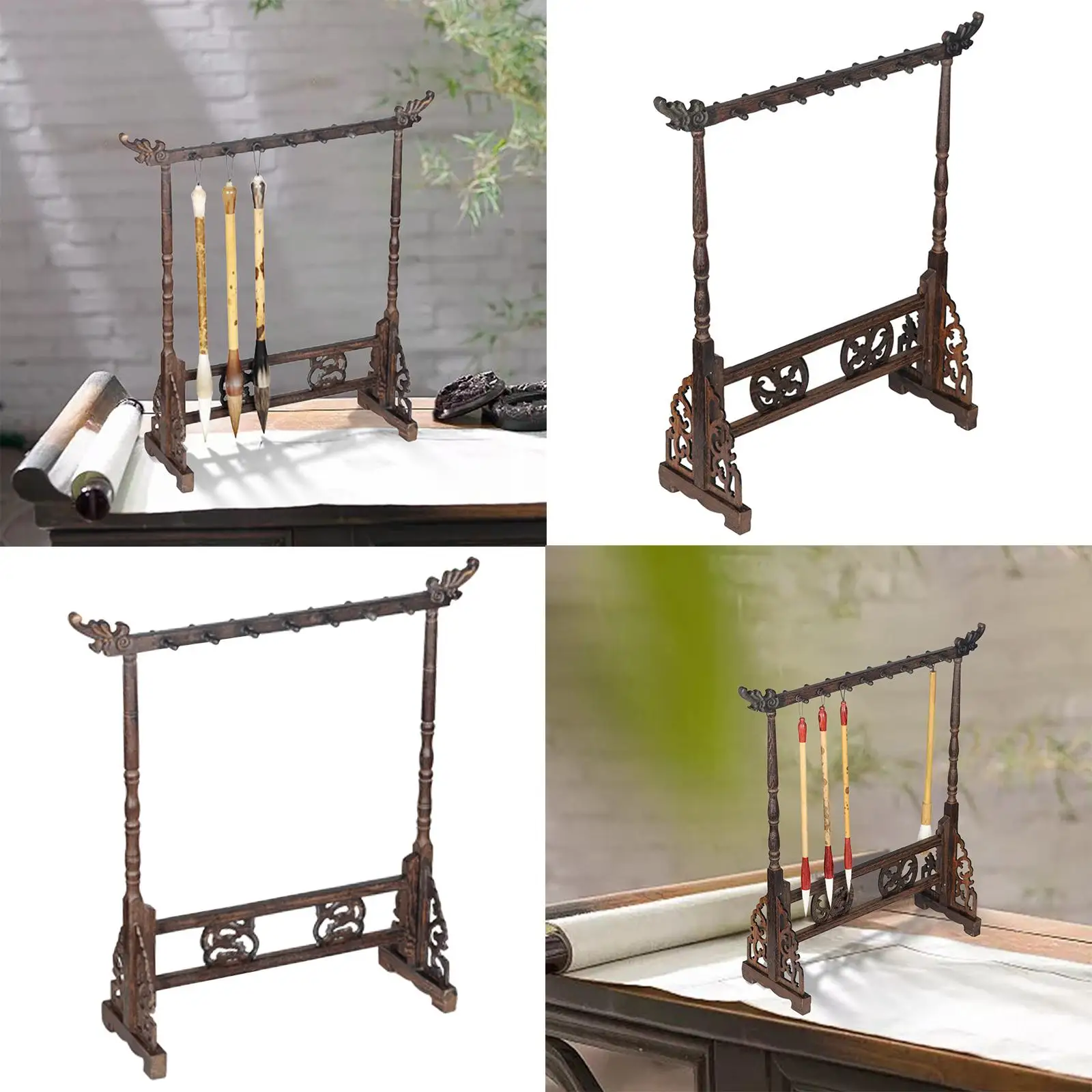 Wood Carving Calligraphy Brush Holder Antique Style Brush Stand Hanger 14/16Hook Traditional Chinese Painting Writing Pen Holder