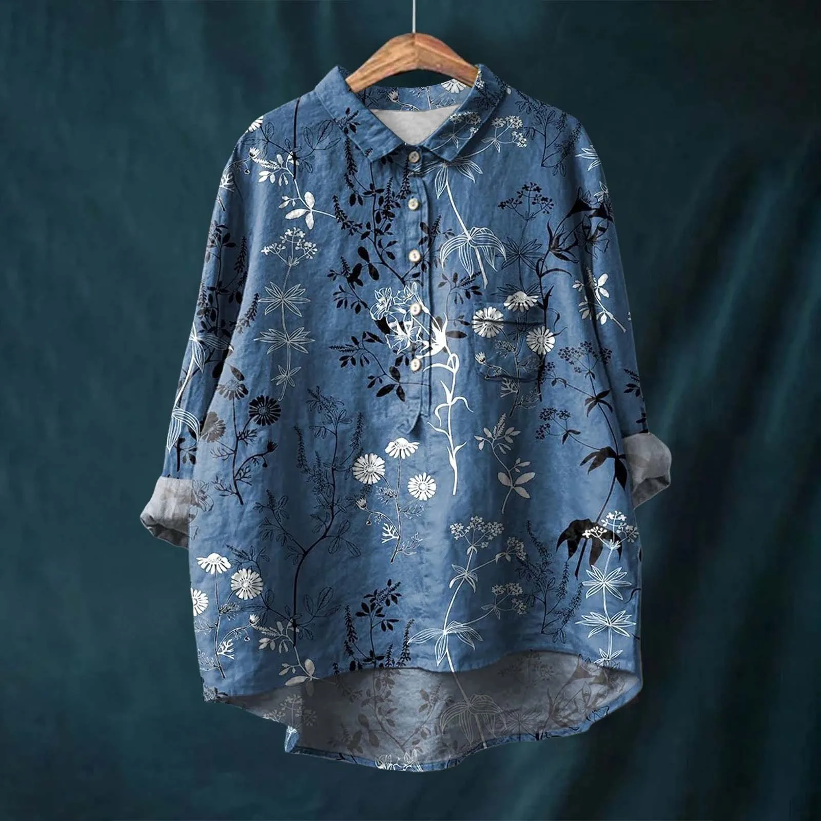 Flower Pattern Printed Women's Lapel Neck Casual Cotton And Linen Womens Loose Fit T Shirts Extra Long Sleeve Tops for Women women t shirt