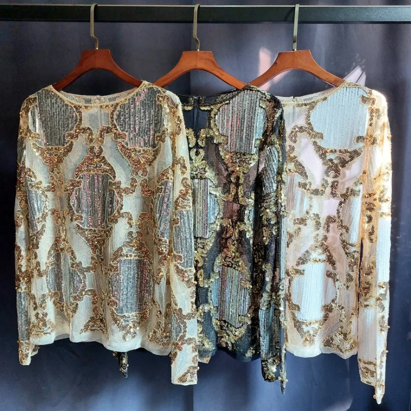 

Europe and The United States Sequin Spring Design Sense Female Niche Collision Color Mesh Bottoming Shirt Female Shiny Tops