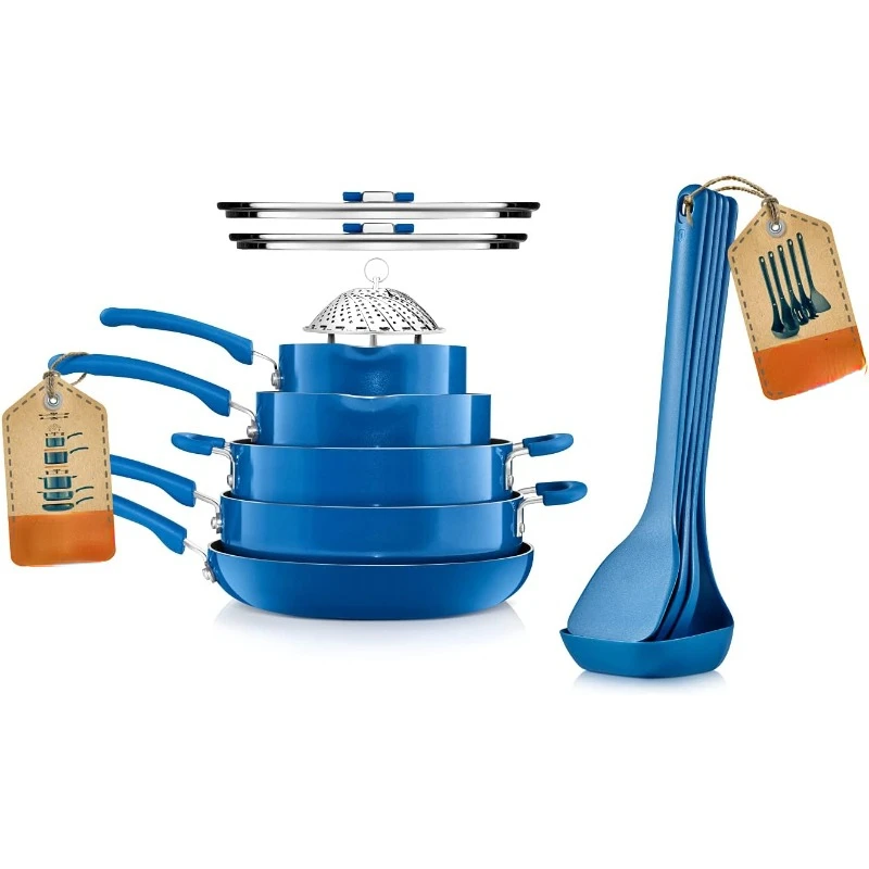 

NutriChef Kitchenware Cookware Non-Stick Pans and Pots with foldable Knob Space Saving Stackable Nylon -Tools Induction Base
