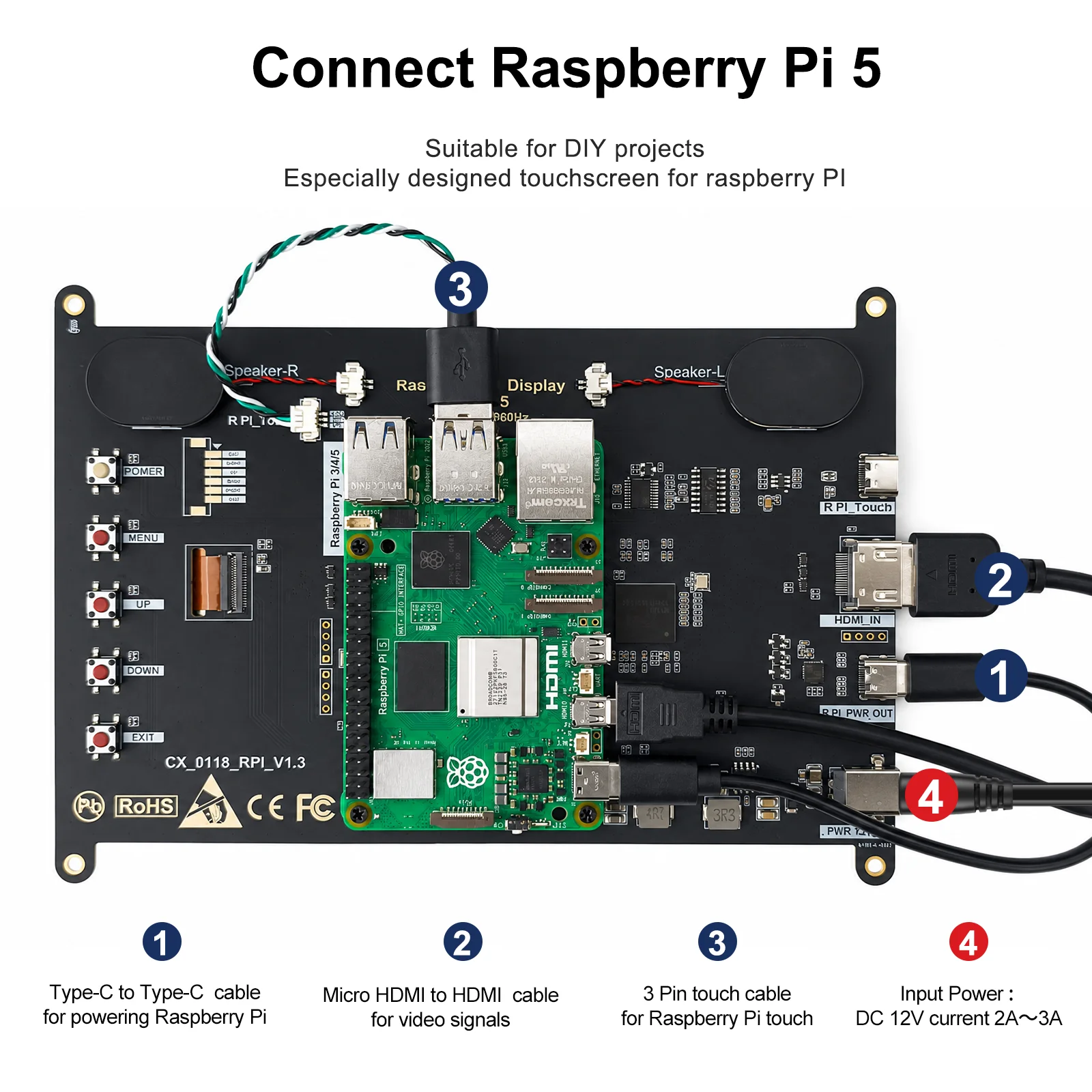 Monitor Touch IPS da 8 Pollici con Display 1280×800 per Raspberry Pi 5/4/3, Altoparlanti Integrati, HDMI Type-C - immagine 5