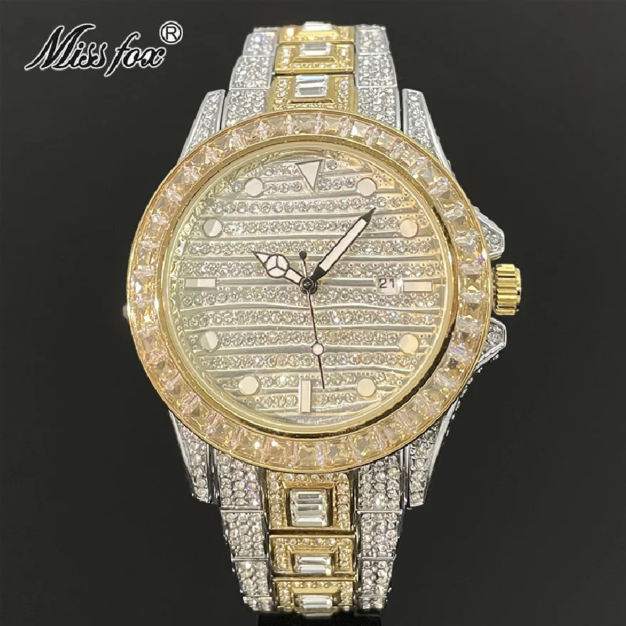 

New Luxury Watch For Men Iced Out Fashion Quartz Jewelry Colour Moissanite Waterprof Luminous Clocks Boy Gift Free Shipping