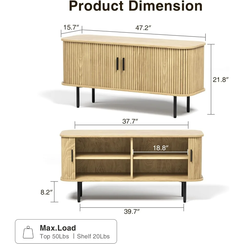 TV Cabinet.47''W Natural Storage Cabinet, Media Console, Tambour TV Stand, Television Stands with Curvy Edge; Sliding Door 2