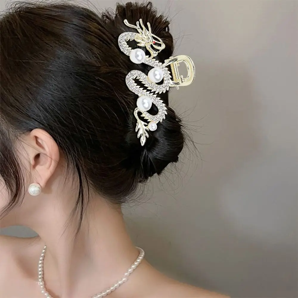 Neue chinesische drachen förmige Haars pangen mit Perle Frauen einfache Haar klaue Legierung Metall Strass Haarnadel Hai Clip Mode – Detail 11