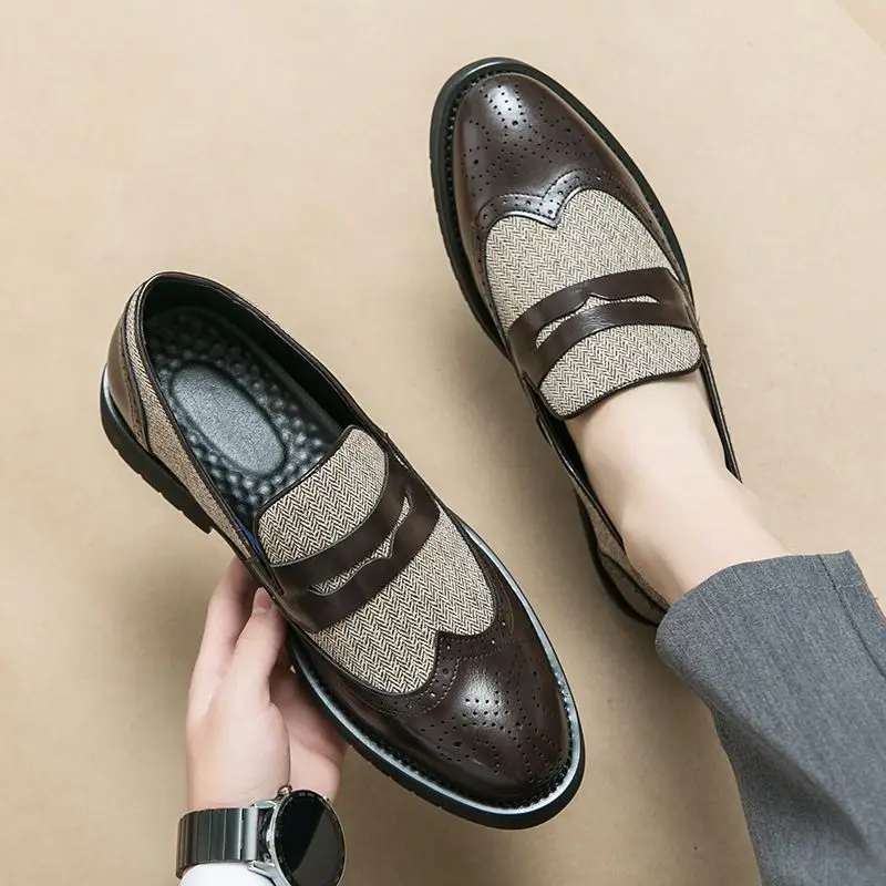 Men's Brogue Shoes Lace Up Pointed Toe PU Leather Casual Dress Footwear Rubber Sole