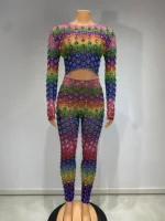 Sparkly Colorful Diamonds Long Sleeve Crop Top Two Pieces Pants Women's Set Birthday Celebrate Outfit Dance Costume Stage Wear 2
