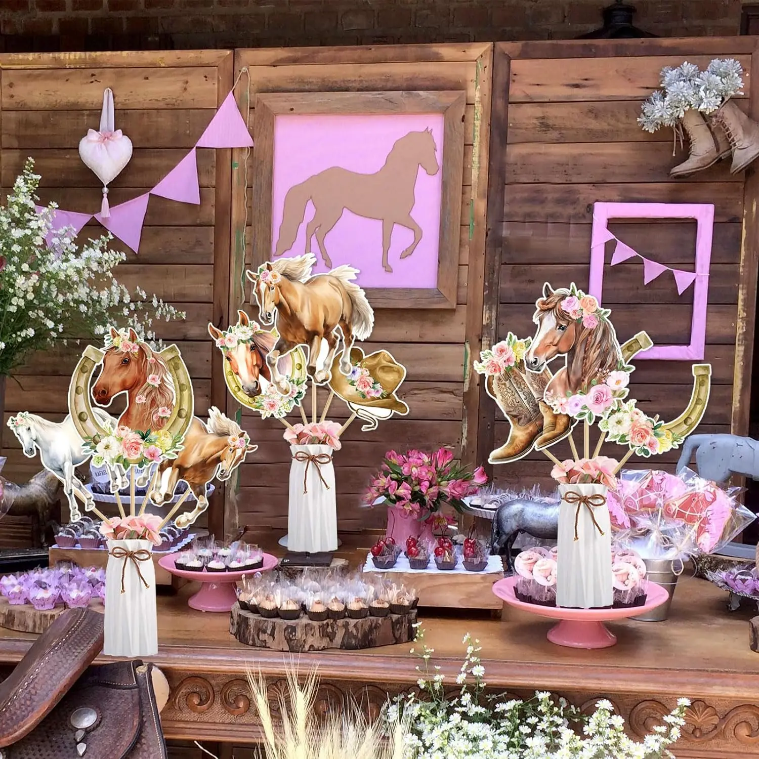 24Pcs Horse Centerpieces Sticks Table Decor Racing Horse Western Cowgirl  Pink Floral Centerpieces Table Toppers Home Decor, image size:1500x1500