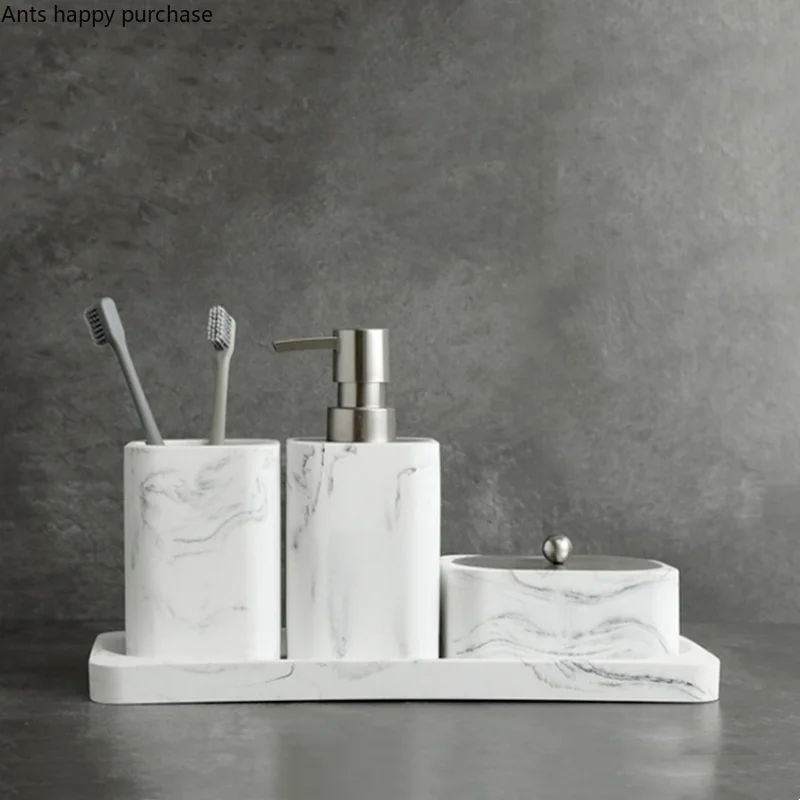 Resin Matte Marble Bathroom Accessories Set 5 Pcs, Lotion Soap Dispenser  Toothbrush Holder Bathroom Tumbler Cotton Swab Jar and Multifunctional  Tray