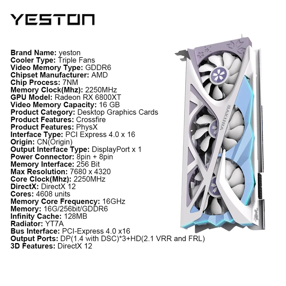 YESTON 100% New Graphic Card RX6800XT RX6600 RX6650XT RX6750XT