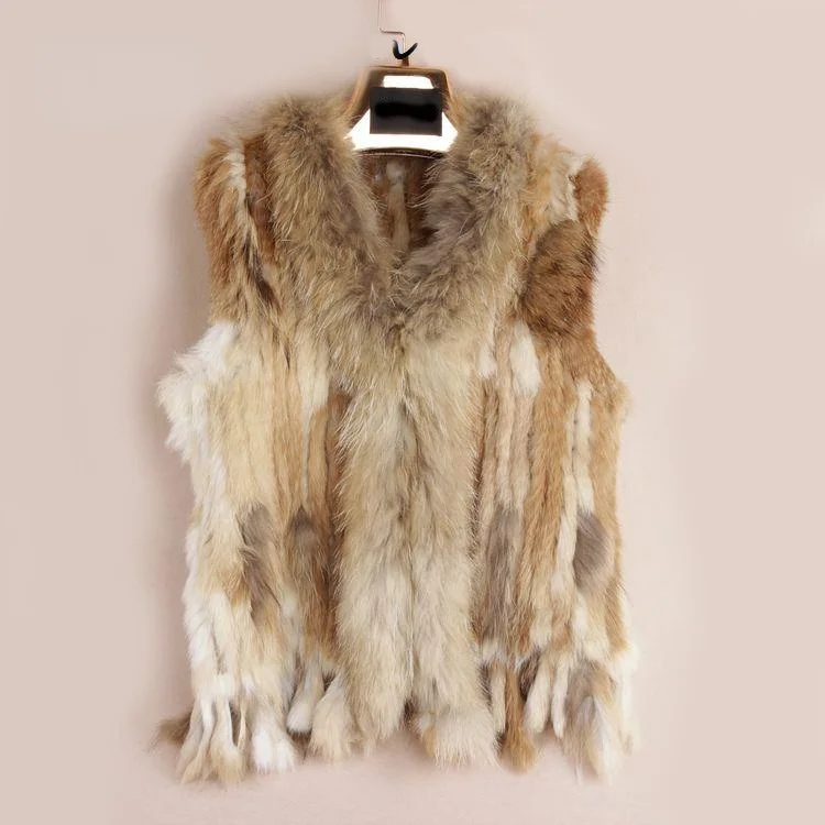 VR001 Free Shipping Womens Natural Real Rabbit Fur Vest With Raccoon Fur Collar Waistcoat/jackets Rex Rabbit Knitted Winter