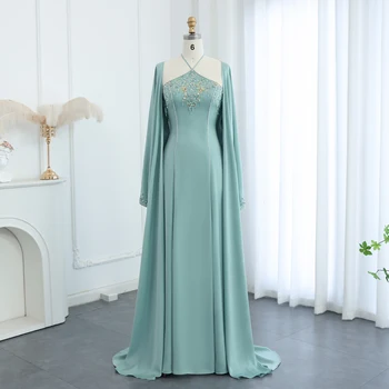 Saudi Arabic Sage Green Halter Evening Dresses with Cape Luxury Dubai Women Wedding Formal Party Gowns 301 1