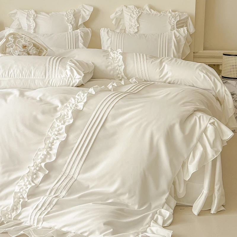 Korean Princess Style Lace Ruffles Bedding Set Solid Color Duvet Cover Set Flat/Fitted Bed Sheet Pillowcases With Pillowcases 3