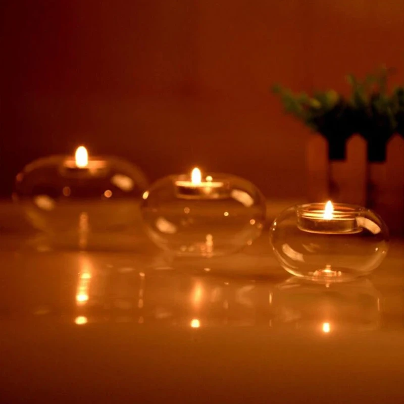 Transparent Round Hollow Glass Candle Holders Candlestick Dining Table Home Decoration Valentine's Day Wedding Ornament