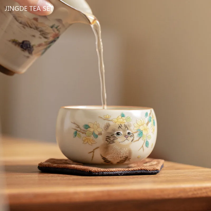 2pcs Beige Ru Kiln Ceramic Cup Chinese Light Luxury Retro Zen Tea Cup Handmade Portable Master Cup Traditional Tea Accessories