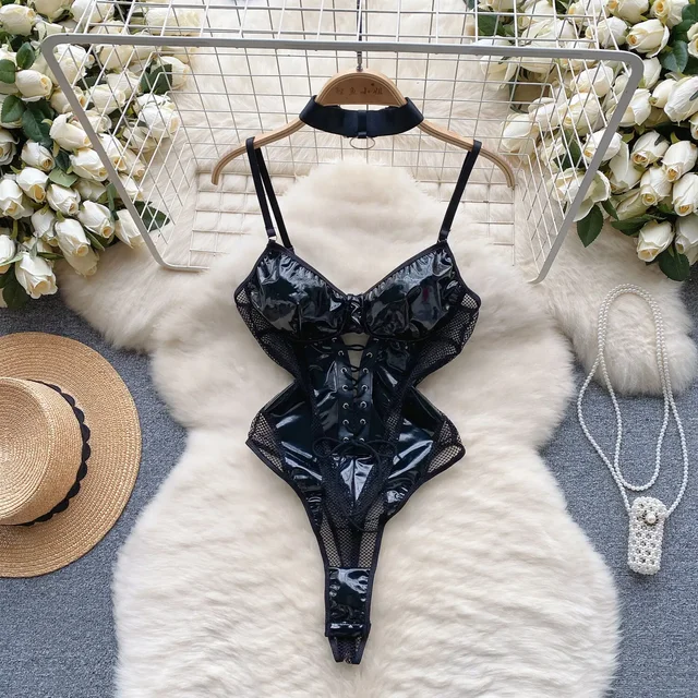 Foamlina Women's PU Leather Patchwork Mesh Bodysuit Sexy Hollow Out Slim Fit Lace Up Bandage Club Party Body Suit Woman Clothes