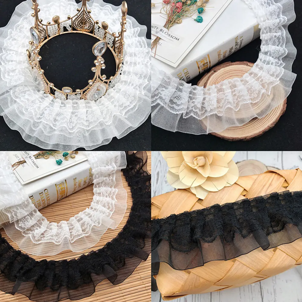 5cm Wide 100cm Long Black White 3D Pleated Chiffon Lace Ruffle Embroidery Double Laminated Wrinkle Trim Applique Fabric Ribbon