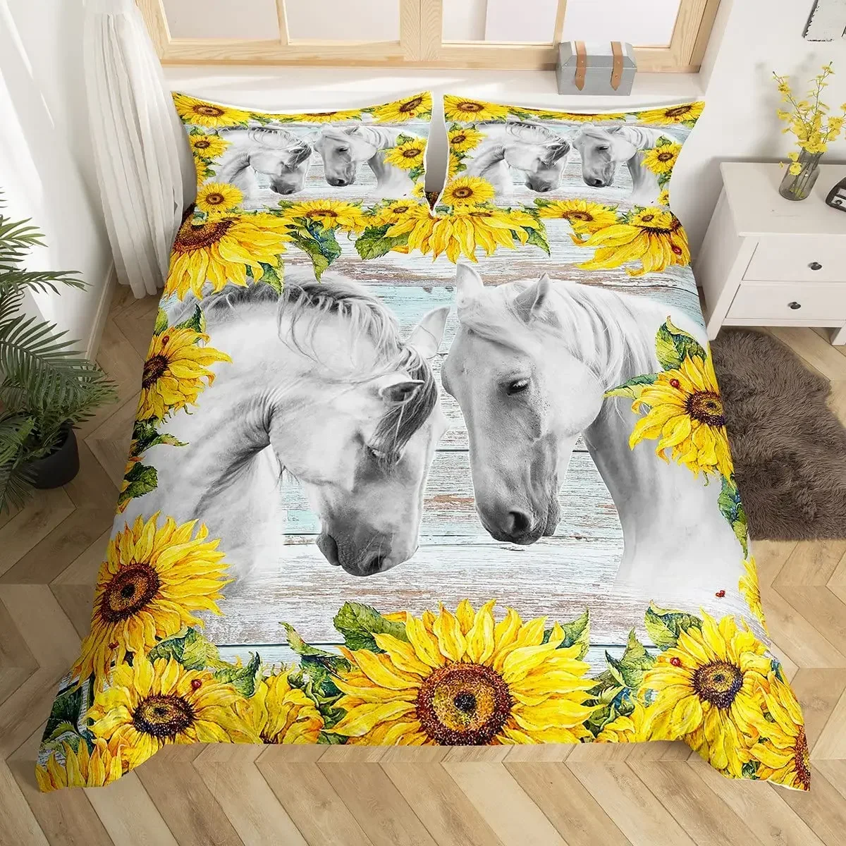 3D Horse Duvet Cover King Queen Size Yellow Sunflower Bedding Set Floral Animal Theme Quilt Cover Wildlife Soft Comforter Cover