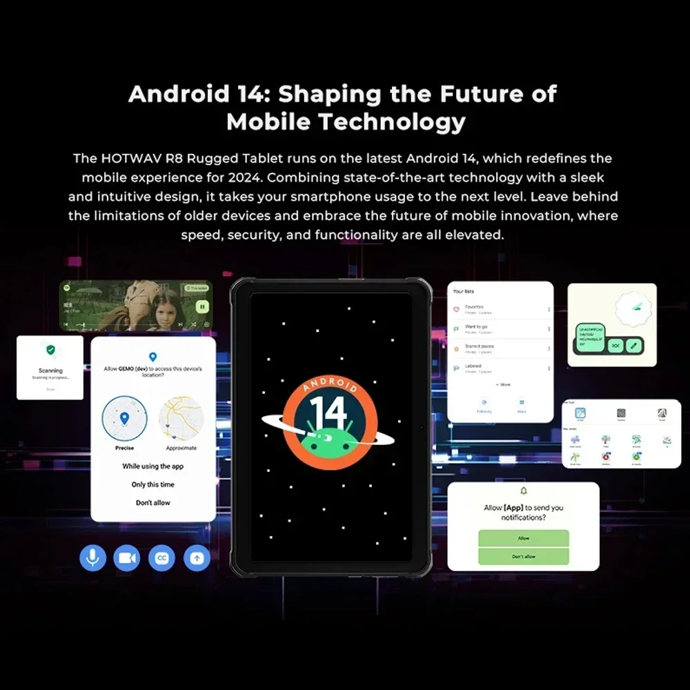 Rugged Tablets HOTWAV Android 14 R8 10.1'' HD+10800mAh Battery IPad 5MP+13MP Camera 12(4+8)GB+128GB Charging OTG Reverse Tablet