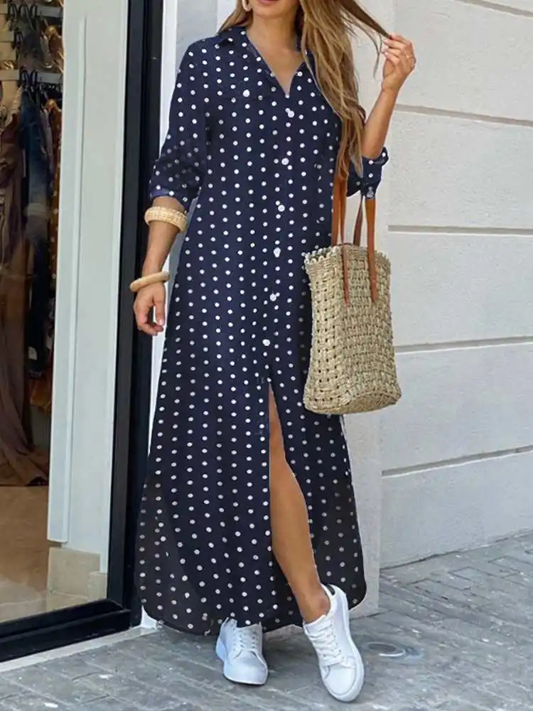

Maxi Dress Women 2023 Female Striped Vestidos Casual Lapel Sundress ZANZEA Autumn Vintage Shirt Dress Holiday Robe