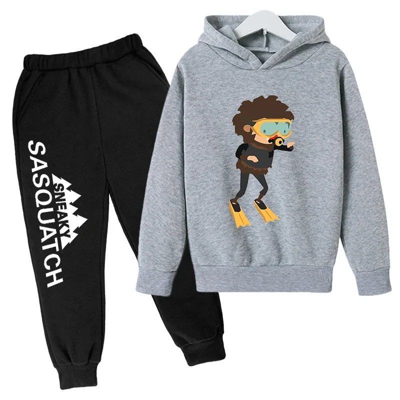 thumbnail image 1 of Conjunto de sudadera con capucha y pantalones de polar para niños, conjunto de 2 piezas, chándal, estampado de cabeza grande de Sasquatch furtivo, 1 of 5