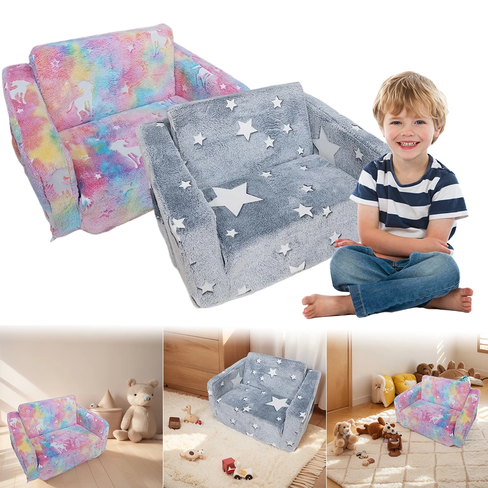 Toddler Kids Couch 2-in-1 Toddler Soft Couch Fold Out Chair Glow in Dark Convertible Plush Foam Chair For Girls and Boys