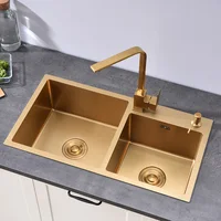 Gold Kitchen Sink Above Counter or Undermount double Bowl Goldn Basket Drainer Soap Dispenser Washing Basin 304 Stainless Steel 1