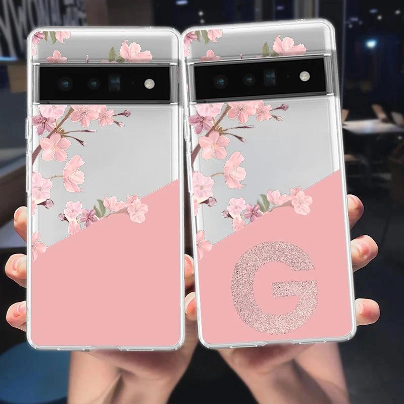 Elegant Pink Floral Alphabet Shockproof Phone Case - Soft Clear TPU Cover
