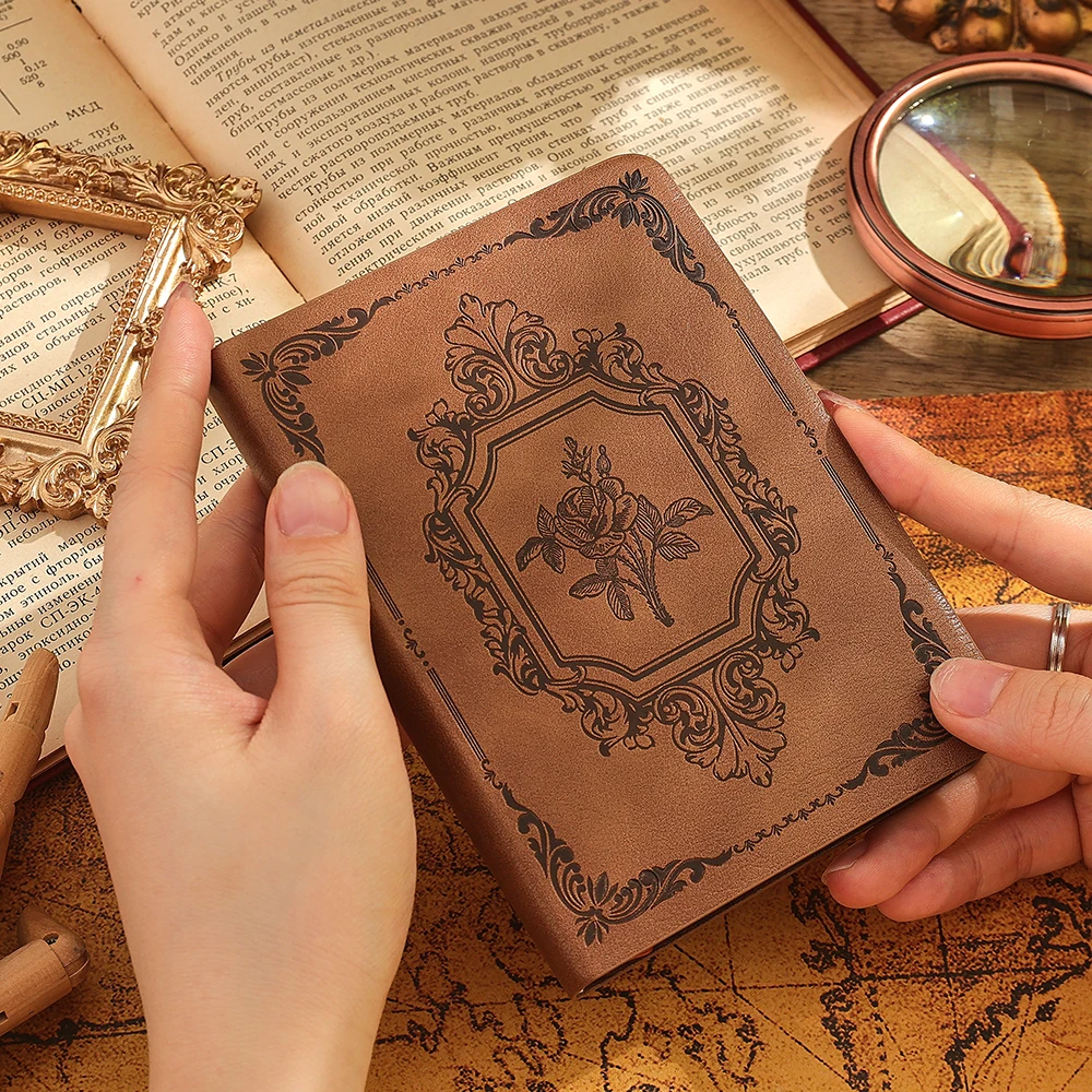 יומן עור PU וינטאג' A6 עם 288 עמודים, מחברת נייר עבה לכתיבת יומן, מחברת חודשית שבועית ניידת