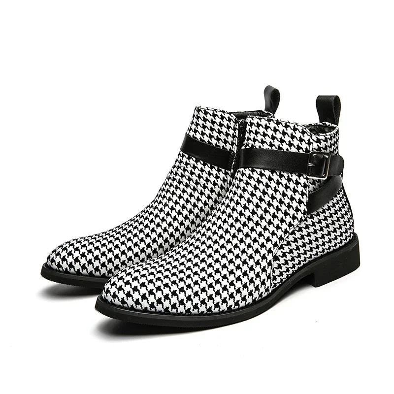 Ankle Boots for Men Business Plaid Buckle Strap Pu Leather Cowboy Boots Chelsea Men