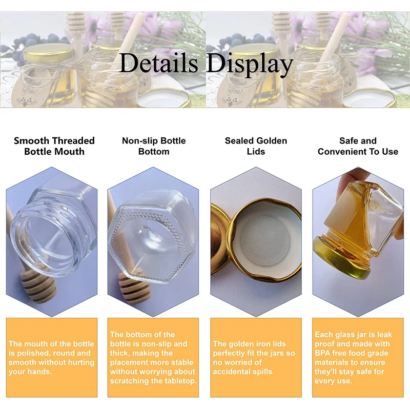 Food storage pots food storage container food storage can food storage box 10/20Pcs mini hexagonal glass honey pot set with golden lid