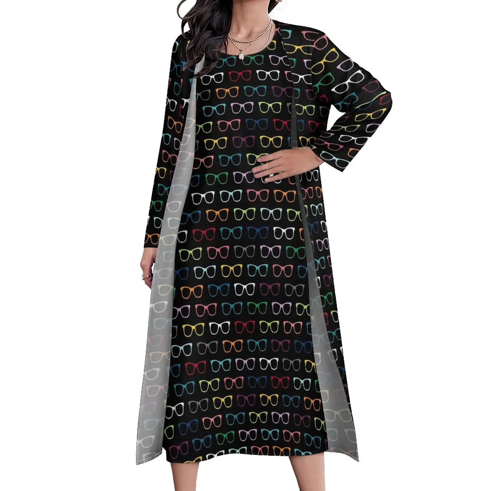 

Colorful Print Dress Summer Eyeglasses Print Street Fashion Casual Long Dresses Female Vintage Maxi Dress Big Size 4XL 5XL