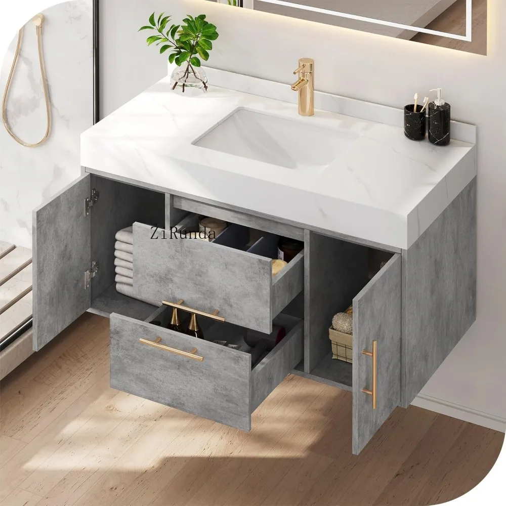 40-inch floating bathrobe, wall-mounted toilet with white sintered stone top, gray color