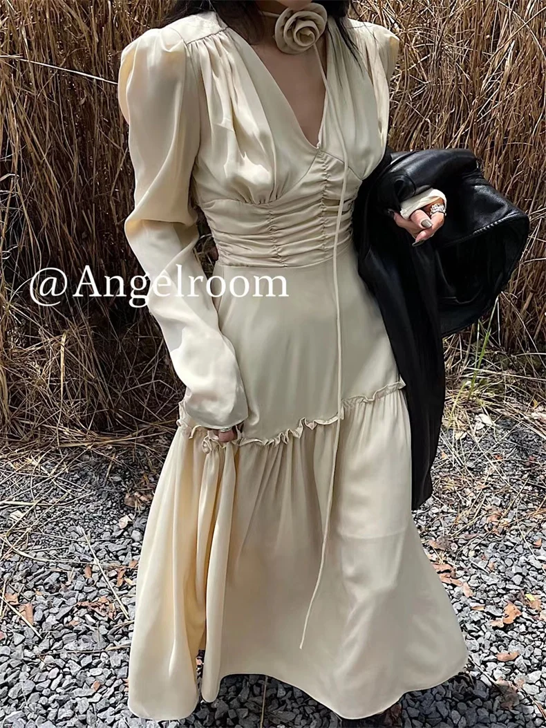 Autumn Satin Midi Dresses for Women Long Sleeve V-neck Folds Design A-line Korean Fashion Office Lady One Piece Vestidos New