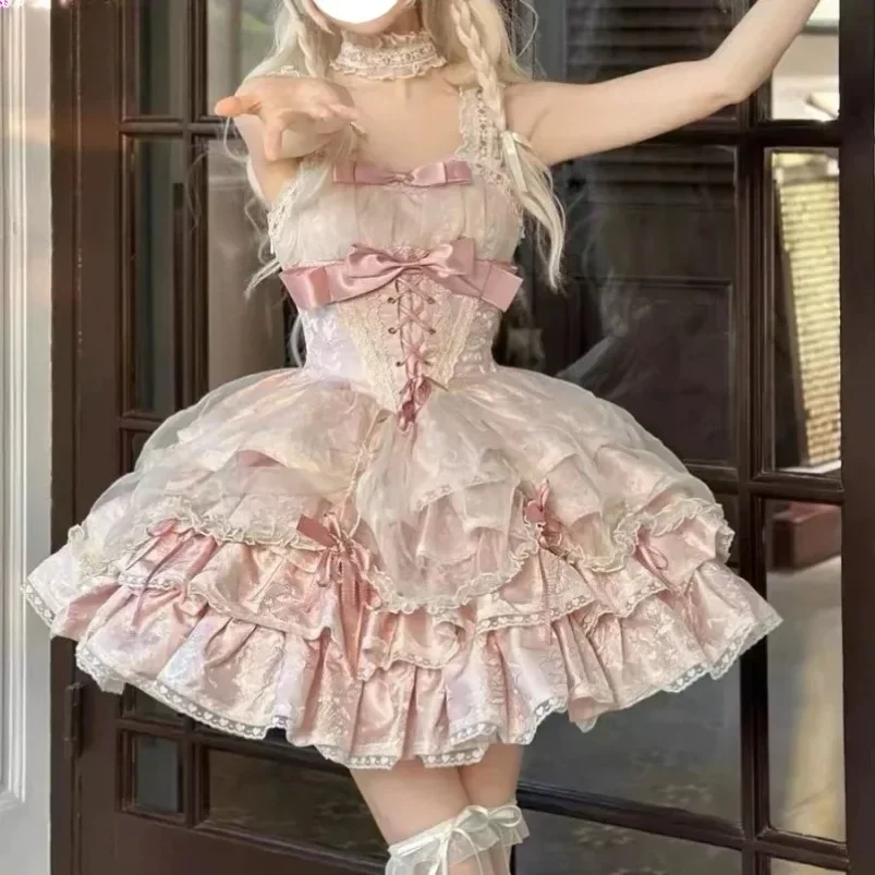 Harajuku Japanese Sweet Cute Lolita Jsk Dress Women Gothic Y2k Bow Lace Ruffles Evening Party Mini Dresses Kawaii Black Vestidos