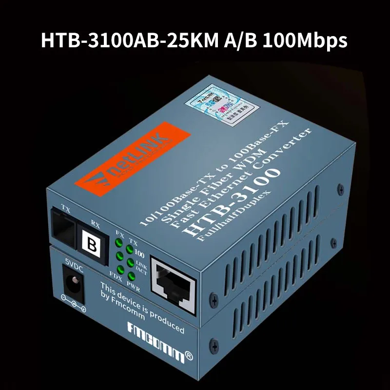 

1 pair HTB-3100AB-25KM A/B 10/100Mbps SC Port Fiber Optic Media Converter Single Mode Single Fiber Transceiver