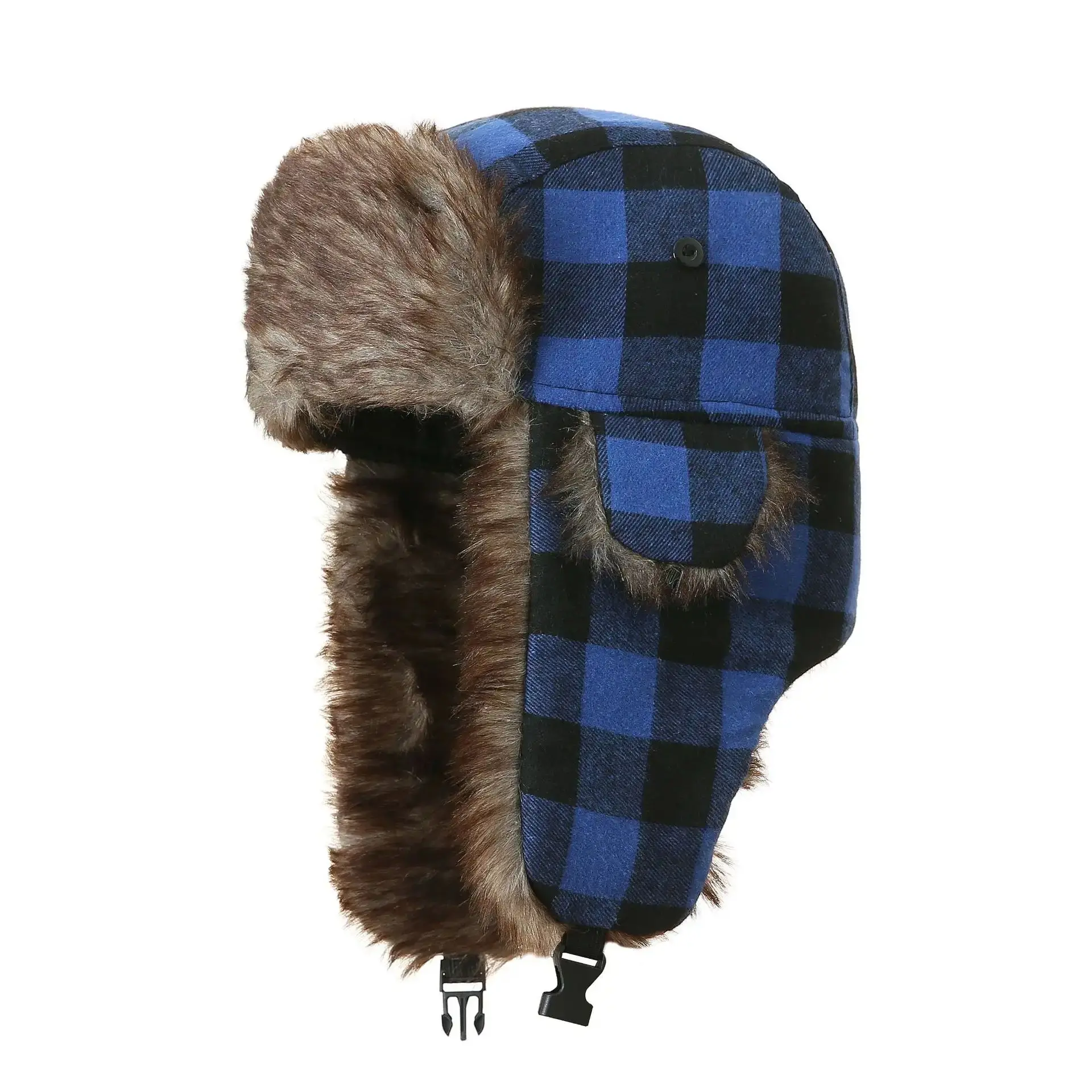Winter Plaid Aviator Trapper Hat Fleeced Fur Faux Trooper Ear Flap Bomber Skiing Cap