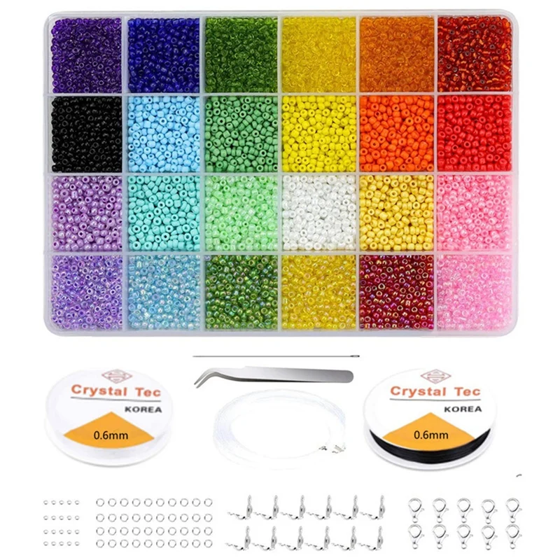 

12000 шт. 3 мм стеклянные бусины с переходными кольцами застежка-лобстер Обжимные бусины 2 рулона эластичная нить (24 цвета, 3 мм)